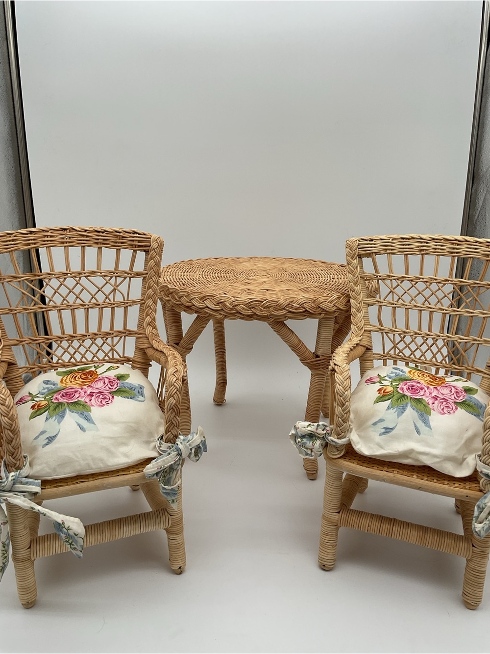 American Girl Pleasant Company Wicker Table and Two Chairs with Floral Cushions